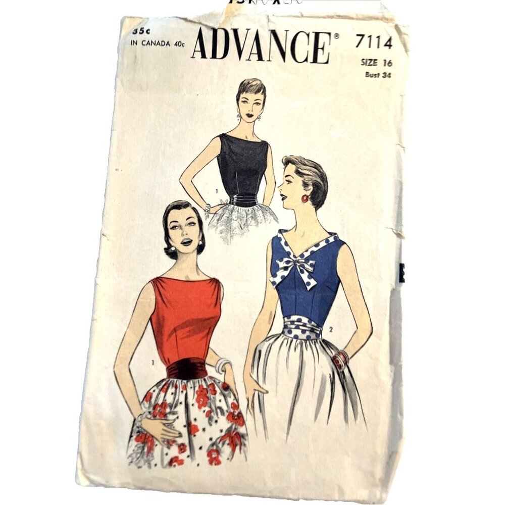Advance 7114 Sleeveless Blouse Cummerbund Bateau Neck Back V Bow Detail Bust 34